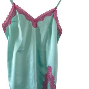 Victoria's Secret Satin Chemise in Blue with Pink Lace